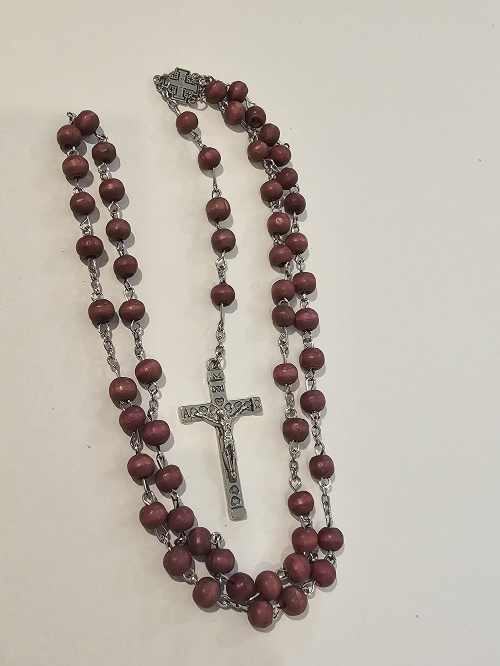 Rosary Necklace with Burgundy Wooden Beads and Silver Crucifix